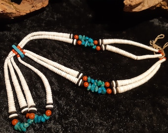 Zware Heishi ketting Navajo, 2 strengen, met jaclas, turkoois, jaspis, parelmoer, ca. 64 cm