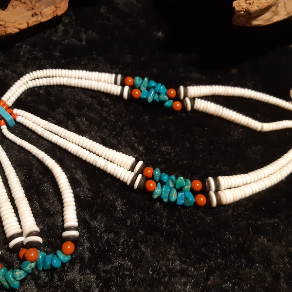 Schwere Heishi-Kette Navajo, 2 Stränge, mit Jaclas, Türkis, Jaspis, Perlmutt, ca 64 cm