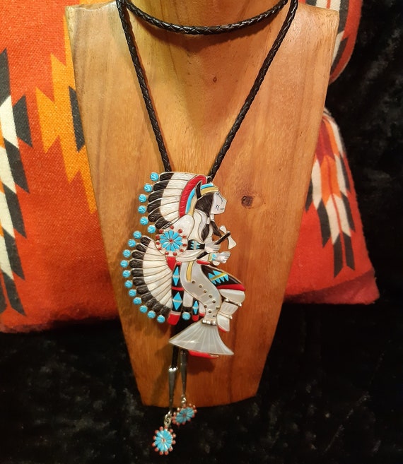 One Of The Biggest Vintage Native American Zuni Turquoise War God Sterling Silver Bolo Tie One Of The Biggest Vintage Native American Zuni Turquoise War God Sterling Silver Bolo Tie