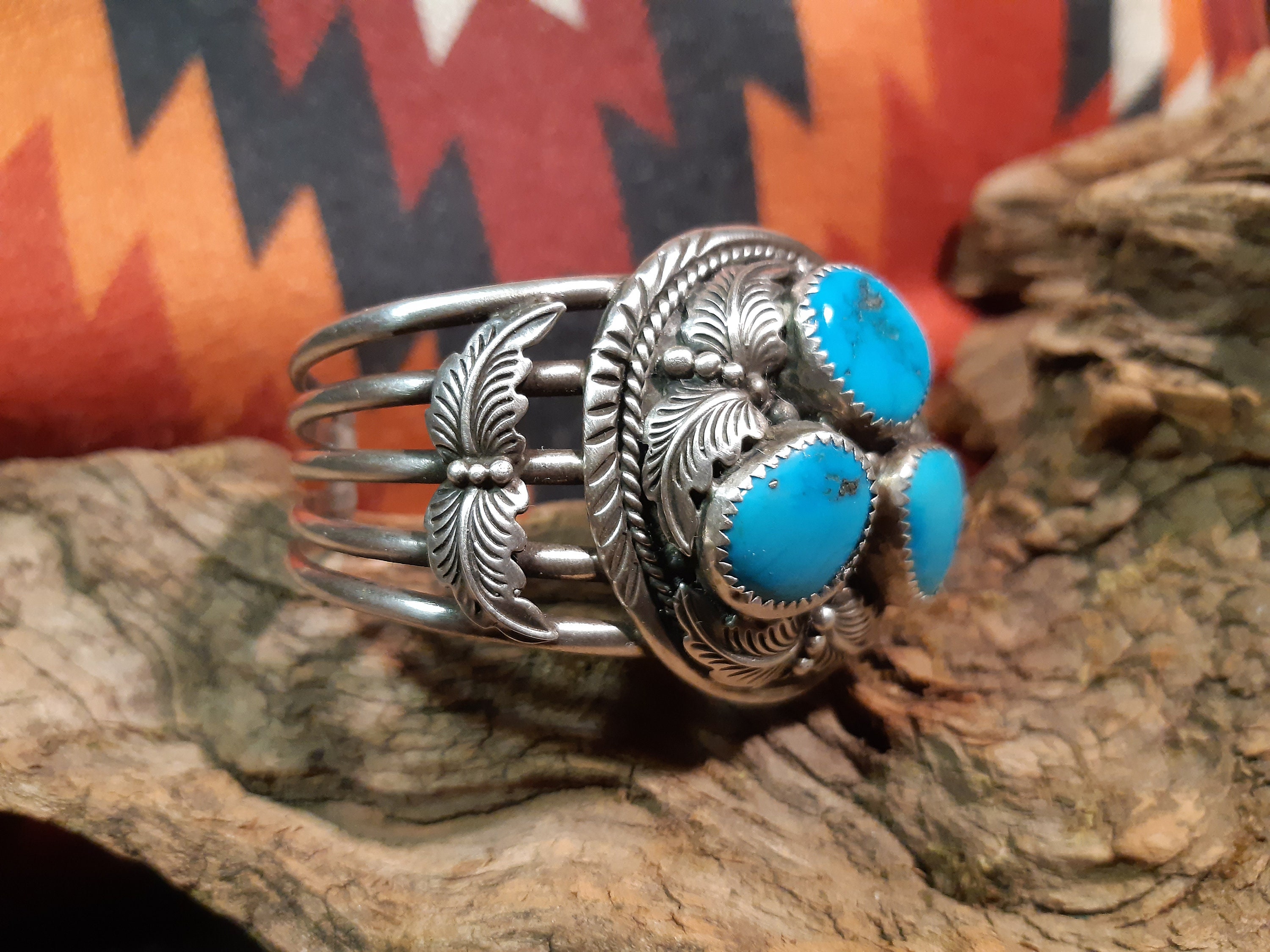 Navajo Bangle, Old Pawn, 3 Turquoises, 925 Sterling Silver, 5