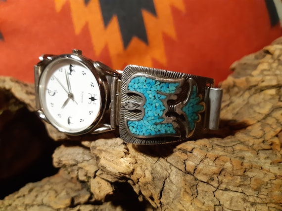 Peyote Bird Designs Navajo Inspired Watch Vintage Navajo Sterling Chip Inlay Peyote Bird Watch Cuff By  main image 4