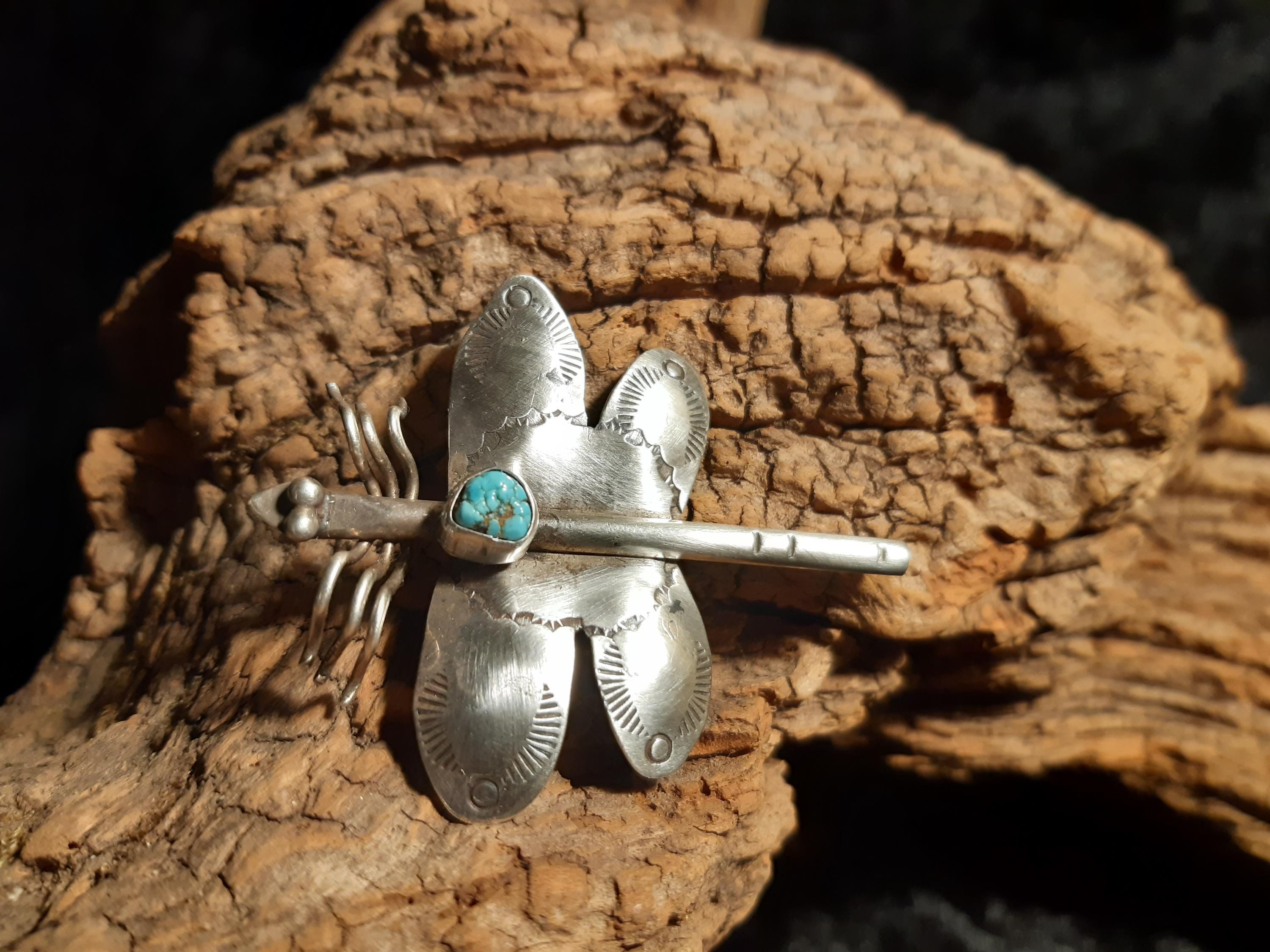 Broche Pendentif Navaro Ancienne En Argent Avec Turquoise Et Corail - Bijou Vintage - Occasion