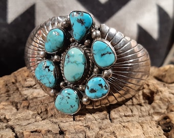 Vintage Navajo Bangle, Unisex, 7 Turquoise, Cluster, 925