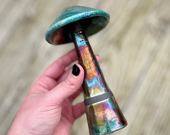 Very Large Raku Fired Ceramic Magical Mushroom With Metallic Turquoise & Copper Rainbow Crackle Glaze ~ Handmade Studio Pottery Toadstool