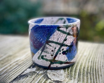 Raku Fired White Crackle Glaze With Metallic Cobalt Indigo Blue & Bright Coppers ~ Ceramic Pottery Planter/Plant Pot ~ 10cm x 8.5cm