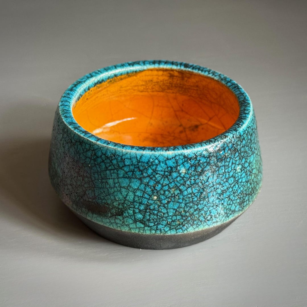 Bold Bright Orange & Metallic Turquoise Crackle Glaze Raku Fired ...