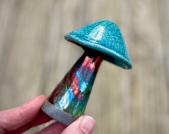 Raku Fired Ceramic Blue & Copper Rainbow Crackle Glazed Magical Mushroom Toadstool Fungi ~ Handmade Studio Pottery Decoration