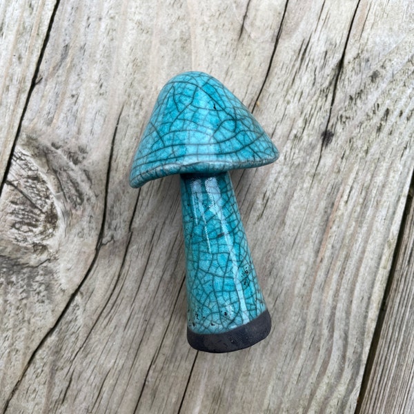 Raku Fired Ceramic Shiny Metallic Turquoise Blue & Black Crackle Glazed Magical Mushroom Toadstool ~ Handmade Studio Pottery!
