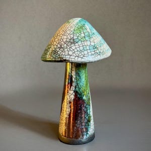 Raku Fired Ceramic Shiny Metallic Copper Green & White Crackle Glazed Magical Mushroom Toadstool ~ Handmade Pottery Decoration