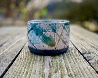 Raku Fired White Crackle Glaze with Metallic Turquoise Blue & Green Brushstrokes ~ Ceramic Pottery Planter/Plant Pot/Dish/Cylinder ~10 x 7cm