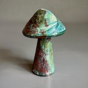Large Raku Fired Ceramic Shiny Metallic Copper Green & White Crackle Glazed Magical Mushroom Toadstool ~ Handmade Pottery Decoration