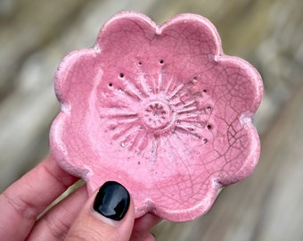 Ceramic Wild Flower Blossom Raku Fired Handmade Pottery Trinket/Ring Dish ~ Glazed in Pink Crackle ~ 8cm x 8cm