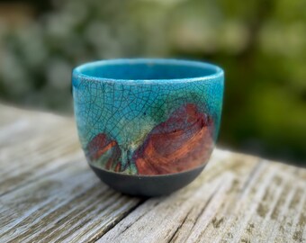 Topaz Turquoise Blue & Copper Swirls Crackle Glaze Raku Fired Small Ceramic Pottery Decorative Bowl/Cup/Yunomi ~ 8.5cm x 7cm