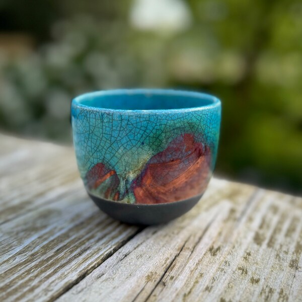 Topaz Turquoise Blue & Copper Swirls Crackle Glaze Raku Fired Small Ceramic Pottery Decorative Bowl/Cup/Yunomi ~ 8.5cm x 7cm