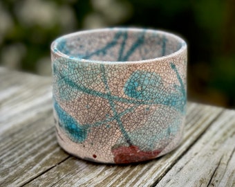 Raku Fired White Crackle Glaze with Metallic Turquoise Blue & Green Brushstrokes ~ Ceramic Pottery Planter/Plant Pot/Dish/Cylinder ~10 x 7cm