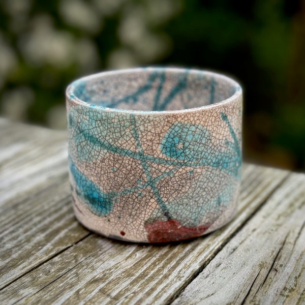 Raku Fired White Crackle Glaze with Metallic Turquoise Blue & Green Brushstrokes ~ Ceramic Pottery Planter/Plant Pot/Dish/Cylinder ~10 x 7cm