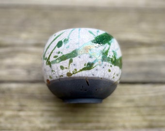 Ceramic Raku Fired White Crackle Glaze Decorative Small Spherical Bowl/Dish ~ Metallic Green Brushstrokes ~ Handmade Pottery ~ 8cm x 8cm