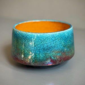 A Bold Bright Orange, Turquoise Blue & Copper Crackle Glaze Raku Fired Ceramic Pottery Decorative Trinket Dish/Incense Bowl ~ 7 x 10cm