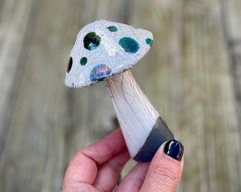 Raku Fired Ceramic White & Copper Crackle Glazed Magical Mushroom Toadstool Fungi ~ Handmade Studio Pottery Decoration