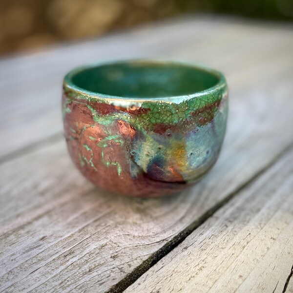 A Raku Fired Vivid Green Glaze with Shiny Metallic Red Copper Lustre Swirls Ceramic Studio Pottery Bowl/Pot ~ 9cm x 7cm