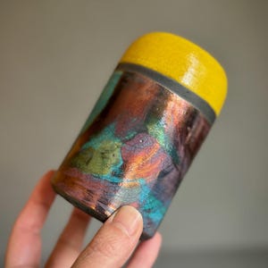 Unique Ceramic Raku Fired Metallic Copper Turquoise & Yellow Crackle Aurora Glazed Handmade Pottery Tall Bud Vase/Vessel/Pen Pot ~ 12 x 7cm