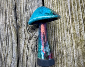 Raku Fired Ceramic Blue & Copper Rainbow Crackle Glazed Magical Mushroom Toadstool Fungi ~ Handmade Studio Pottery Decoration