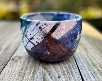 Large Ceramic Raku Fired Metallic Purple, Indigo Blue & Copper White Crackle Glaze Studio Pottery Deep Decorative Bowl/Vessel ~ 13cm x 9cm