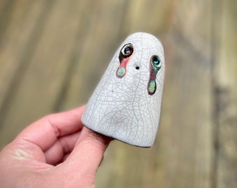 A Handmade Ceramic Mini Pottery Ghost Decoration ~ Raku Fired ~ Glazed in White & Black Crackle