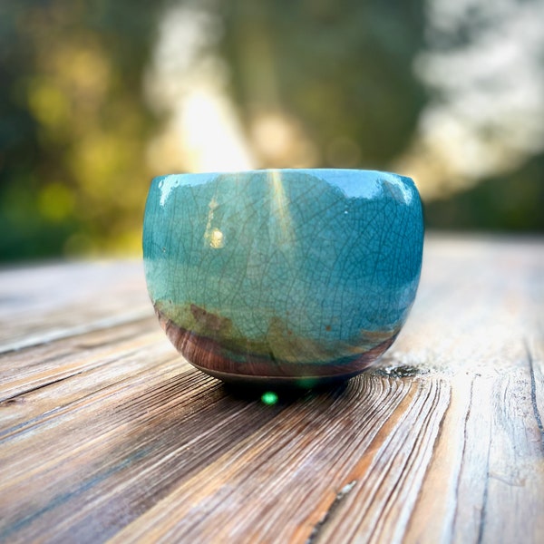 Deep Turquoise Blue Crackle Glaze with Shiny Metallic Copper Pink Lustre Raku Fired Ceramic Pottery Bowl/Pot ~ 10cm x 8cm