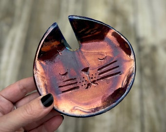 Ceramic Kitty Cat Trinket/Ring Dish ~ Raku Fired Handmade Pottery ~ In Metallic Purple/Copper ~ 10cm x 10cm