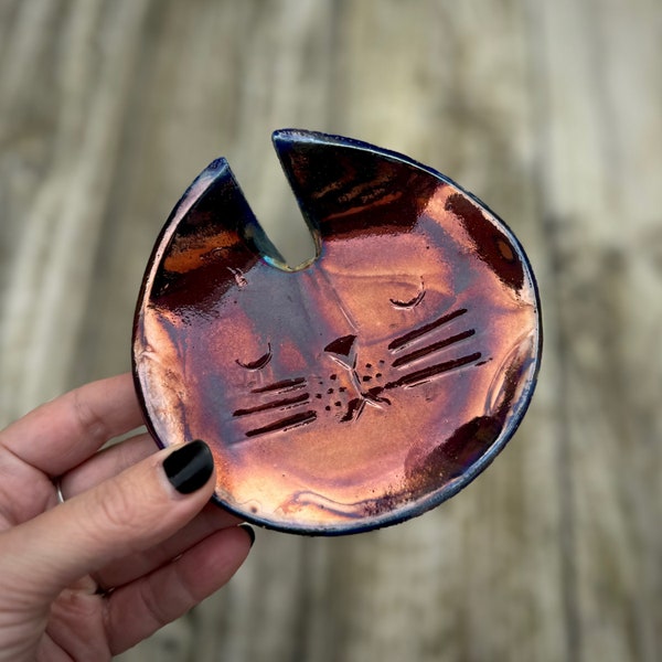 Ceramic Kitty Cat Trinket/Ring Dish ~ Raku Fired Handmade Pottery ~ In Metallic Purple/Copper ~ 10cm x 10cm