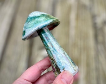 Large Raku Fired Ceramic Shiny Metallic Copper Green & White Crackle Glazed Magical Mushroom Toadstool ~ Handmade Pottery Decoration