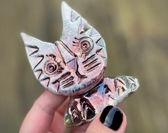 Raku Fired Ceramic Lucky Cat Totem ~ In Metallic Copper Rainbow & White  Crackle Glaze ~ Handmade Studio Pottery Decoration