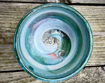 Raku Fired White Crackle Glaze, Metallic Blue & Copper Brushstrokes Ceramic Pottery Decorative Deep Bowl ~ 12cm x 8cm Beach/Sea/Wave/Coast