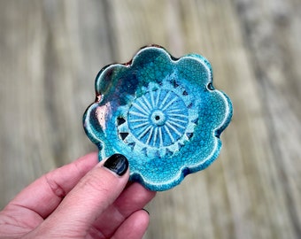 Ceramic Wild Flower Blossom Raku Fired Handmade Pottery Trinket/Ring Dish ~ Glazed in Turquoise Blue & Metallic Copper Crackle ~ 8cm x 8cm