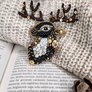 Beaded deer brooch, Christmas deer brooch, Embroidered deer brooch