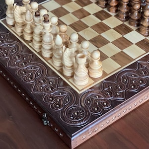 Wooden chess set Handmade carved Chess with backgammon Checkers Large chess set wood Carved set Сhess board handcrafted Wooden chess board