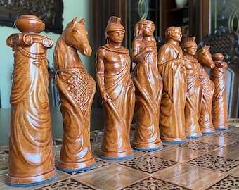 Antique chess pieces “Roman Gods”, Walnut chess board, Luxury chess, Exclusive chess pieces, Carved chess pieces set