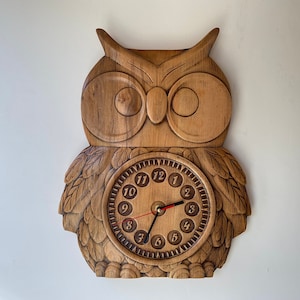 Owl Wooden wall clock Kids clock Relief carved clock Wall clock Large Clock Unique Contemporary clock image 1