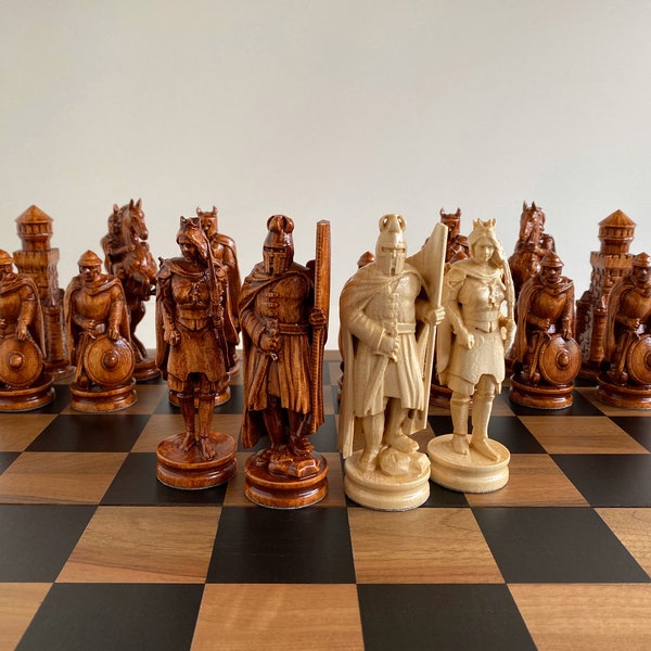 Medieval wooden chess pieces, Original chess pieces, Wood carving chess pieces, Carved chess pieces set, Chess set with storage