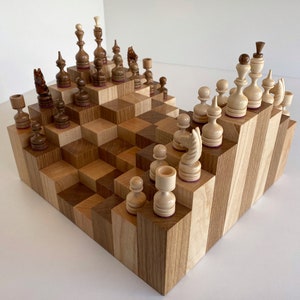3D Modern Wooden Chess Set: Handmade Carpathian Wood Board (28x28cm)