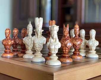 Ancient Egypt War of Pharaons chess pieces, Egyptian chess, Wood carving chess pieces, Carved chess pieces set, Chess set with storage