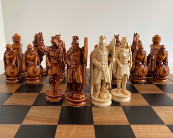 Medieval wooden chess pieces, Original chess pieces, Wood carving chess pieces, Carved chess pieces set, Chess set with storage