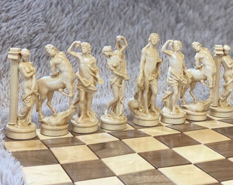 Pièces d'échecs des dieux grecs, cadeau d'échecs exclusif, pièces d'échecs originales, pièces d'échecs en bois sculpté, ensemble de pièces d'échecs sculptées