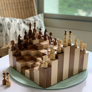 3D Modern Chess set Wooden chess set Chess Original chess set Checkers Large chess set wood Handmade chess board Wooden chess board