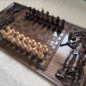 Chess set “Knights”, Wooden Chess Board with Chess Pieces, Original chess board, Wood carving chess, Carved chess set, Unique chess