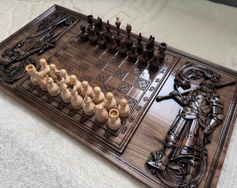 May include: A wooden chessboard with a carved knight on one side and a chess set with light and dark pieces. The board has a dark wood finish and the pieces are made of light wood.