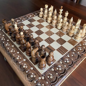 Hand carved wooden chess set, Wooden chess set with backgammon inside, Wooden chess set handmade, Exclusive chess set