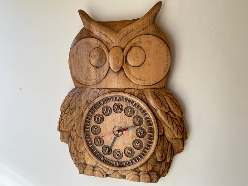 Owl Wooden wall clock Kids clock Relief carved clock Wall clock Large Clock Unique Contemporary clock image 6
