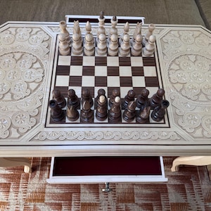 Large Wood Hand carved chess table, 39ʼx22.5ʼx25.8ʼ Chess table with storage, Wooden chess board set, Big chess table, Christmas gift